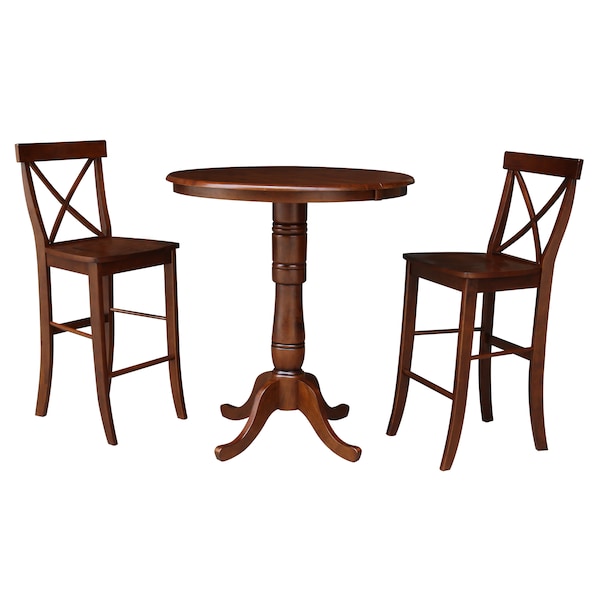 International Concepts Round 36 in Rd Top Ped Ext Table, 12 in Leaf, 2 RTA X-Back Barstools, Espresso, 36 in W, 48 in L, Wood K581-36RXT-6B-S6133 - main